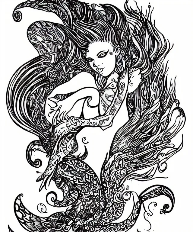 Image similar to tattoo design illustration, black ink on white paper, beautiful mermaid, full body