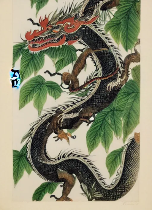 Image similar to vintage chinese dragon in a tropical forest, john james audubon, intaglio