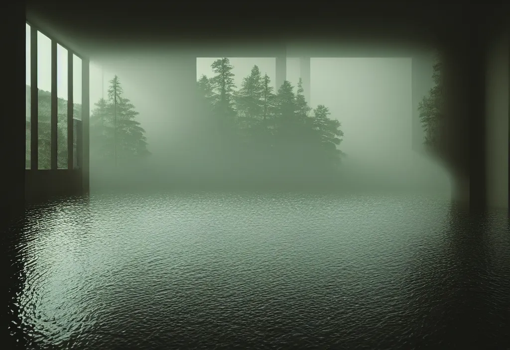 Image similar to kodak portra 4 0 0 photographic and realistic, interior cathedral, detailed, octane render, unreal engine, 8 k, artstation, hyper realistic, wide angle, floor flooded how a lake, hole objects that float, 3 5 mm, sharp focus, soft light, epic volumetric light fog, in the style of gregory crewdson