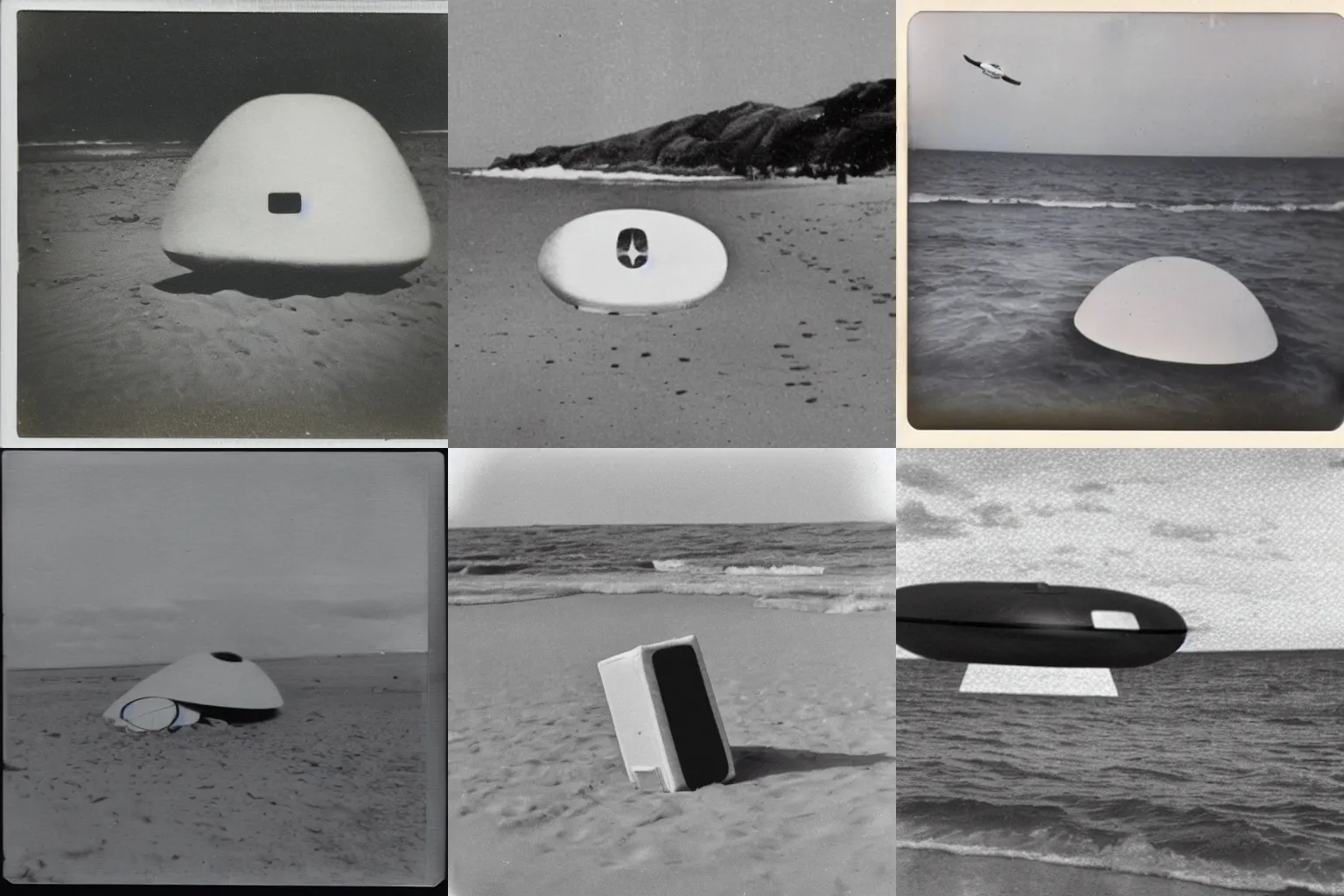 Prompt: classified 1950s polaroid photo of a tic-tac shaped UFO crashed on a beach