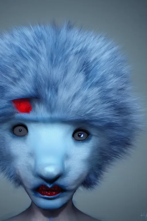 Image similar to a blue furry creature with [ bulging eyes ]!!!, [ large red lips ]!!!, sharp teeth, 4 k photorealistic [ quality ], trending on cgsociety, horror art, eerie art style