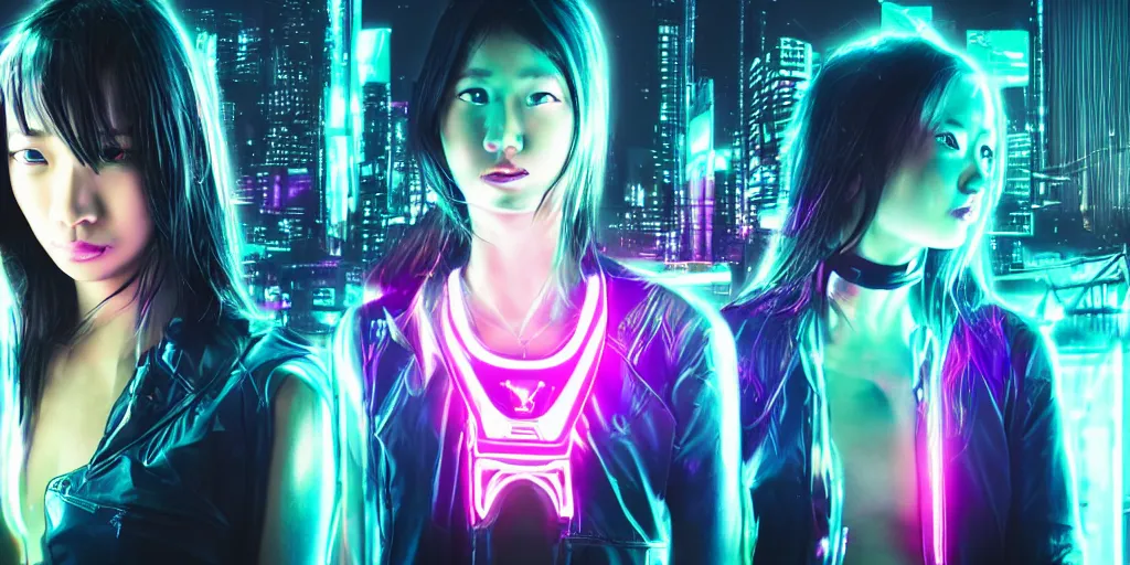 Prompt: cyberpunk people futuristic banner neon girl halo, asian girl, sci fi background, glow in the dark