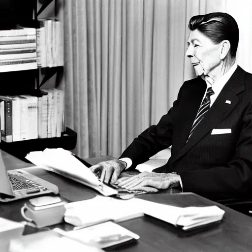 Prompt: president ronald reagan uses a laptop