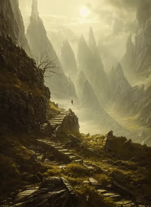 Image similar to A knight approaches the dragon's lair, ominous environment, stunning atmosphere, god light, light shafts, epic realm, in style of Ivan Shishkin and Greg Rutkowski