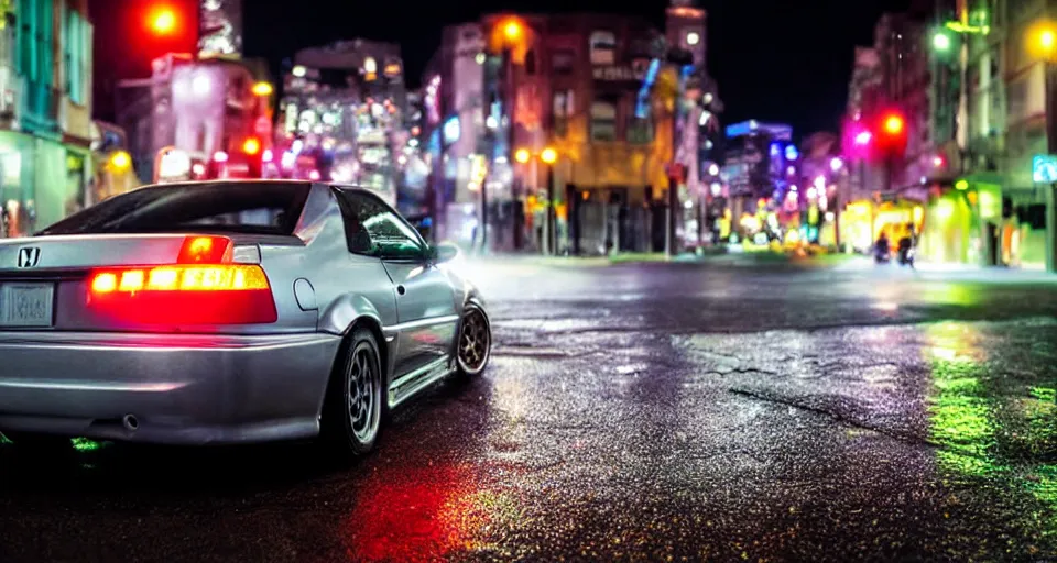 Image similar to close up macro shot of a honda prelude car on wet city street at night intricate hyper detailed smooth high contrast neon volumetric li