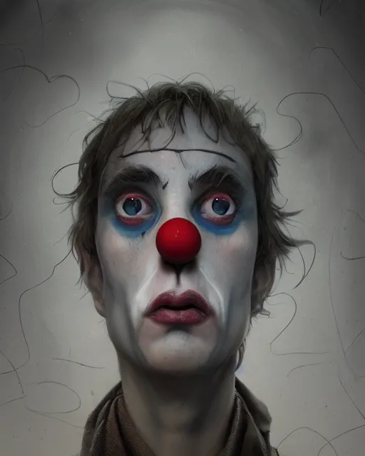 Image similar to centered detailed portrait of a sad clown identical eyes, fantasy, illustration, slender symmetrical face and body, artstation, cinematic lighting, hyperdetailed, cgsociety, 8 k, high resolution, charlie bowater, tom bagshaw, single face, insanely detailed and intricate, octane render, dark fractal background, vfx, postprocessing, featured on artstation, well - rendered