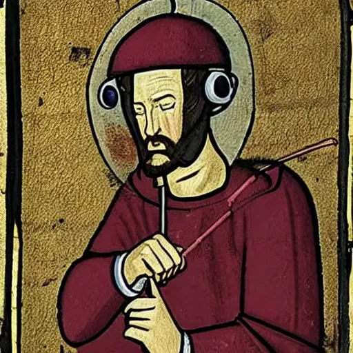Prompt: Medieval painting of a man listening to sick beats on his headphones
