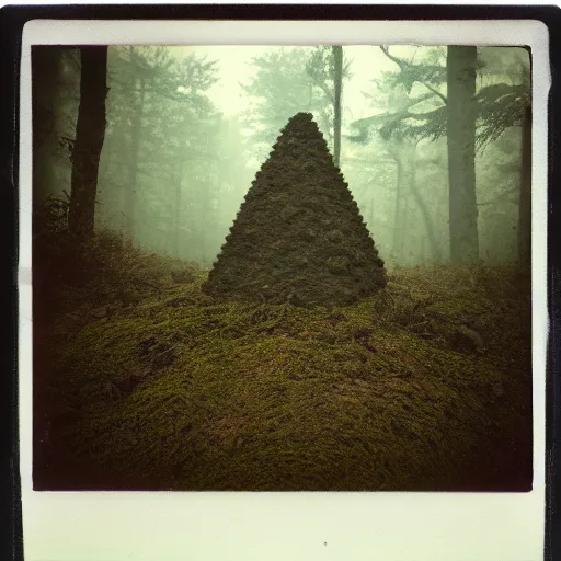 Prompt: a mossy rock pyramid in the middle of a forest clearing, at night, dark, foggy, eerie, creepy, unsettling, lost footage, old polaroid, expired film,