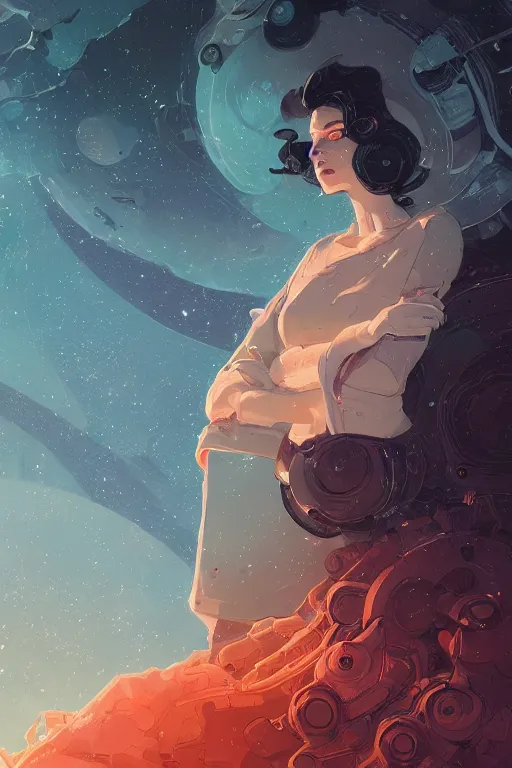 Image similar to highly detailed portrait of sci - fi long curly blue haired lady by atey ghailan, james gilleard, by joe fenton, by greg rutkowski, by greg tocchini, by kaethe butcher, 4 k resolution, gradient red, orange, black and white color scheme!!! ( ( nebula dystopian city spiral background ) )