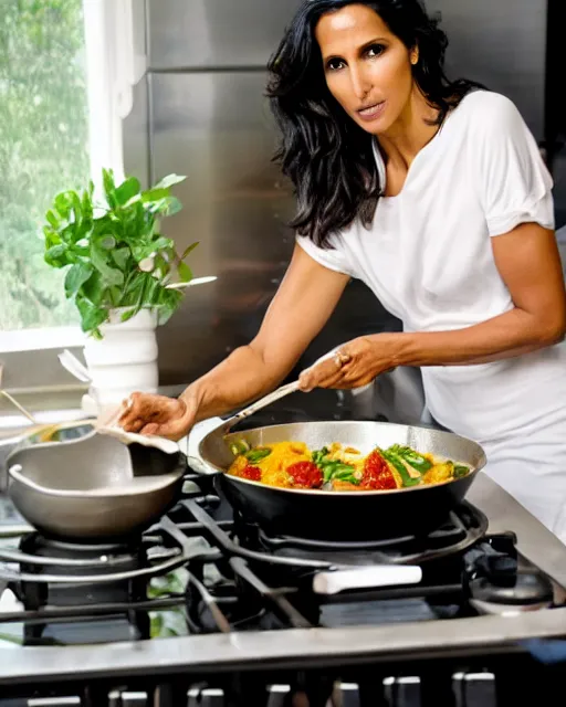 Image similar to photoshoot of model padma lakshmi cooking a meal, 8 k, photorealistic