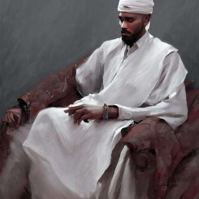 Image similar to somali man, somali attire, portrait, elegant, intricate, digital painting, artstation, concept art, smooth, sharp focus, illustration, art by konstantin korovin and daniel f. gerhartz and john howe