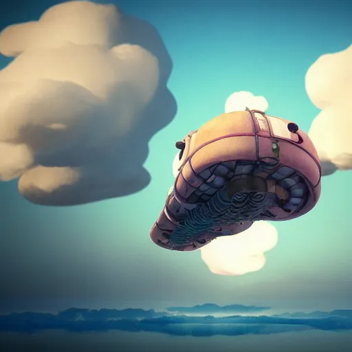 Prompt: Cloud Jumper, a steampunk world with a cute flying ship in fluffy pink clouds and soft light and floating islands in the distance, octane render, watercolor