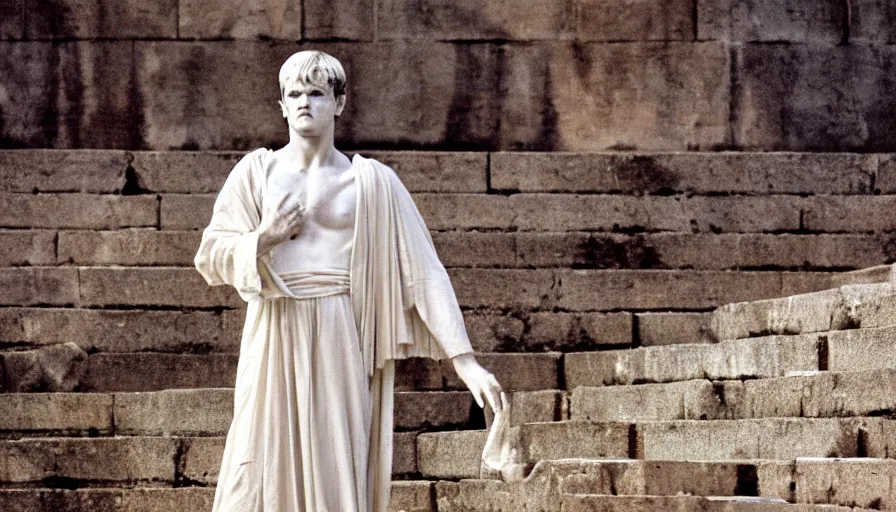 Image similar to 1 9 6 0 s movie still close - up of caligula in a white toga dead on the ancient amphitheater's stairs on a blood flaque, cinestill 8 0 0 t 3 5 mm, high quality, heavy grain, high detail, dramatic light, anamorphic, blood