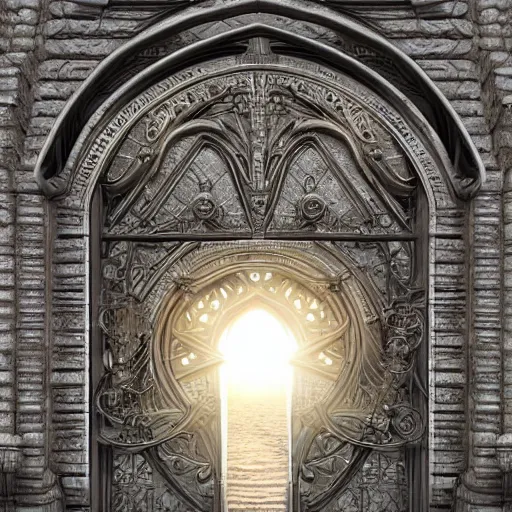 Prompt: Minas Tirith gate, sun beams, intricate, elegant, highly detailed, centered, digital painting, artstation, concept art, smooth, sharp focus, illustration, Allan Lee, John How