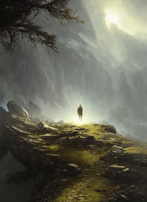 Prompt: A knight approaches the dragon's lair, ominous environment, stunning atmosphere, god light, light shafts, epic realm, in style of Ivan Shishkin and Greg Rutkowski