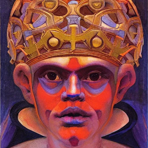 Image similar to the crown of madness, by Annie Swynnerton and Nicholas Roerich and Diego Rivera, bioluminescent skin, elaborate costume, geometric ornament, symbolist, rich color, dramatic cinematic lighting, smooth, sharp focus, extremely detailed