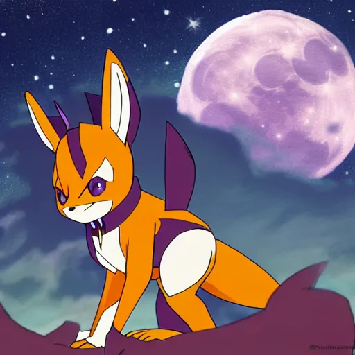 Prompt: Renamon from Digimon Tamers standing in front of the moon by a shimmering lake, sakura petals around her, moonlight, elegant, nighttime, , stars,