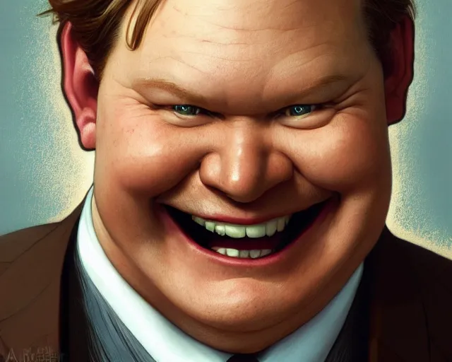 Image similar to close up of andy richter smiling wearing a brown suit and necktie, focus, d & d, intricate, elegant, highly detailed, digital painting, artstation, concept art, matte, sharp focus, illustration, hearthstone, art by artgerm and greg rutkowski and alphonse mucha