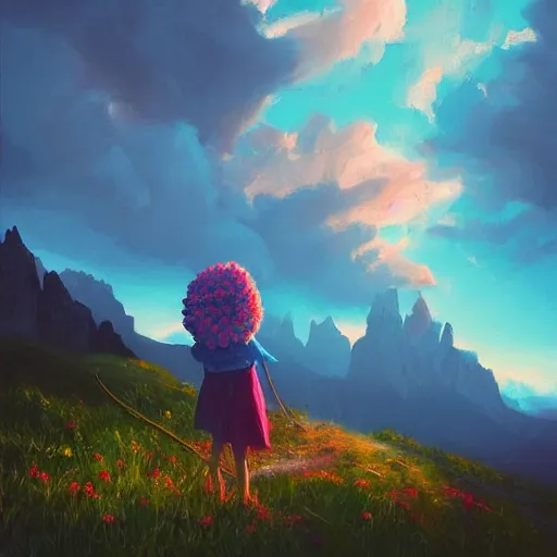 Prompt: giant carnation flower as a head, girl hiking in the dolomites, surreal photography, sunrise, dramatic light, impressionist painting, colorful clouds, digital painting, artstation, simon stalenhag