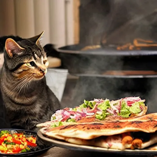 Prompt: a cat working as a kebab cook