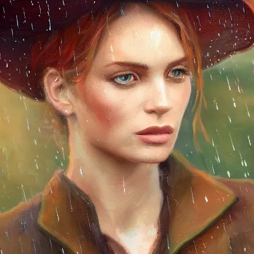 Image similar to a beautiful toned woman in rain, aesthetic, oil painting, pale colors, high detail, 8 k, wide angle, trending on artstation,