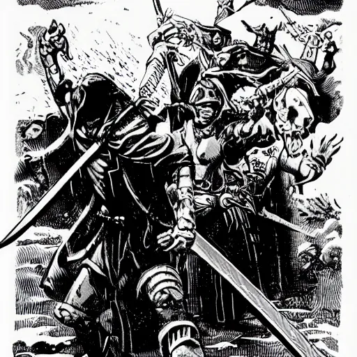 Image similar to A sword stuck in the ground. Close Up Shot, Dark Fantasy, Film Noir, Black and White. High Contrast, Mike Mignola, D&D, OSR