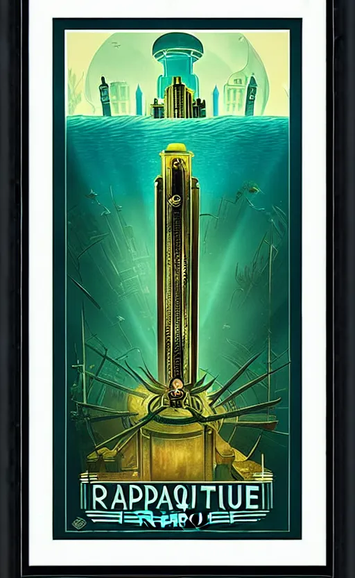 Image similar to art deco travel poster of the underwater city of rapture from bioshock, framed poster