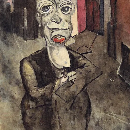 Image similar to queen elizabeth painted as a beggar in a dark forbidding alleyway by george grosz