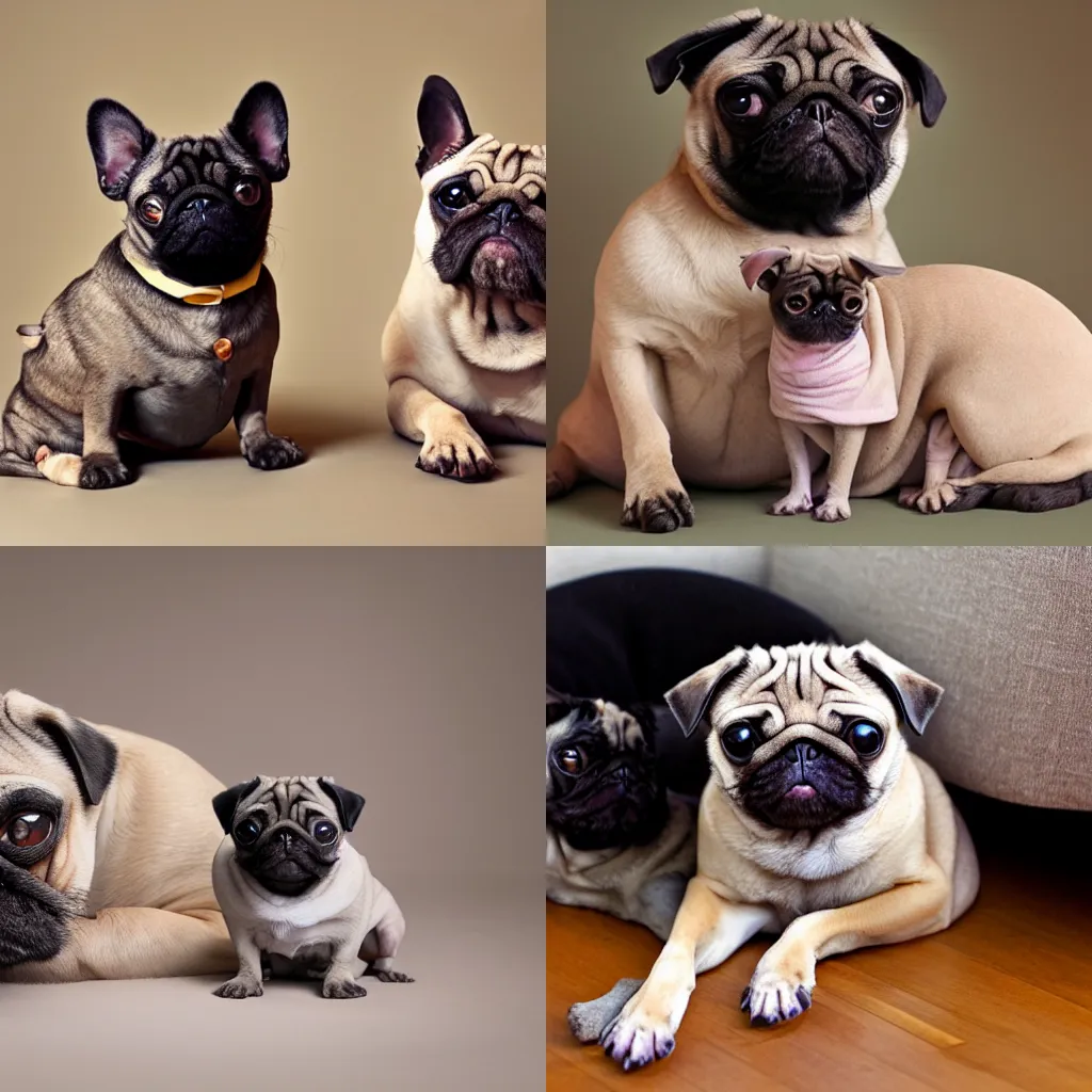 Prompt: photograph of a pug and a sphynx cat