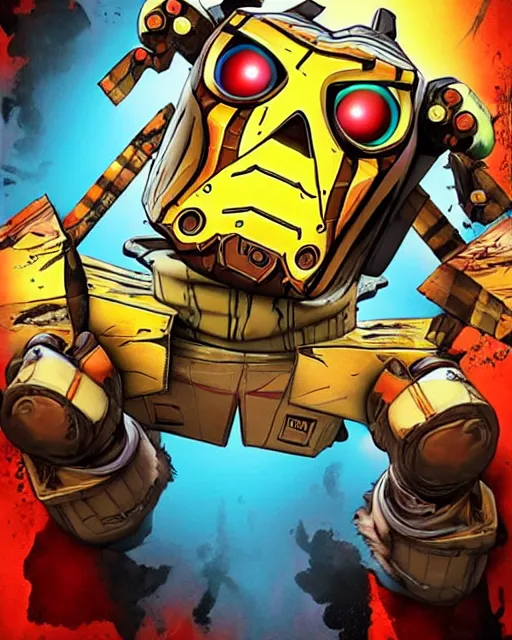 Prompt: cel - shaded claptrap from borderlands 3, airbrush, drew struzan illustration art, key art, movie poster