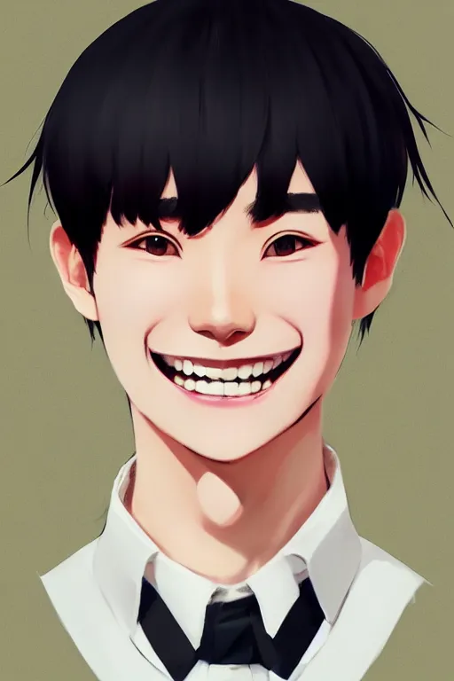 Image similar to a headshot of a very happy yoongi gummy smile - short black hair wearing male school uniform, sharp focus, illustration, morandi color scheme, art station, high detailed, by ilya kuvshinov, gorillaz art