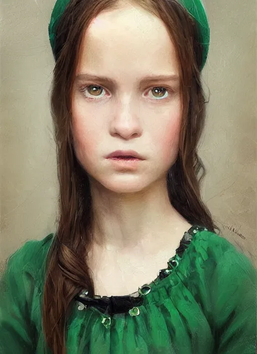 Image similar to a portrait of a thirteen year old girl with brown hair and a stern expression. she is wearing a green dress and a black pointed witch hat. beautiful painting with highly detailed face by greg rutkowski and magali villanueve