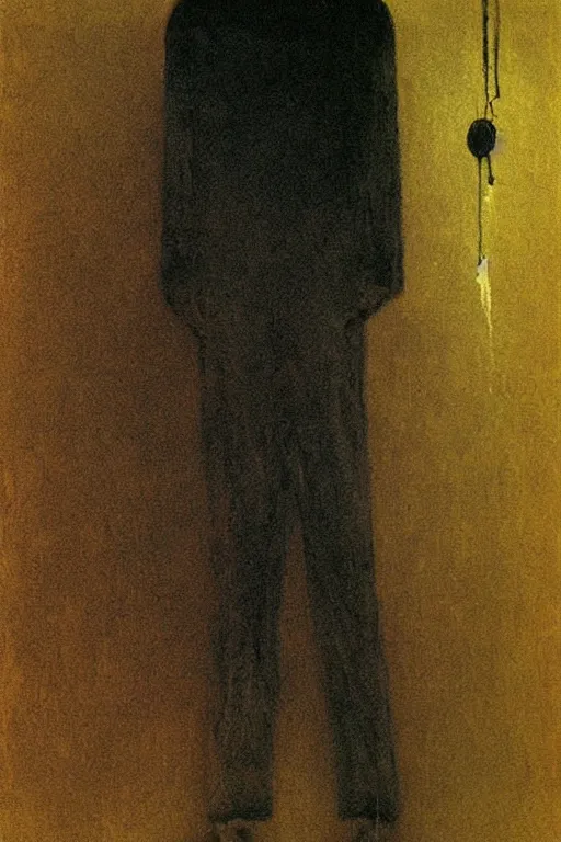 Image similar to horror painting of drunk man in black adidas tracksuit at soviet suburbs, painting by Zdzisław Beksiński