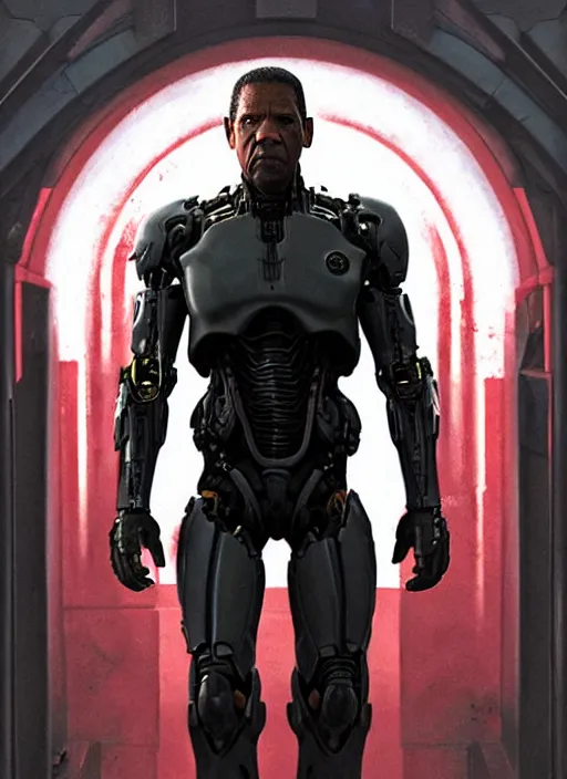 Image similar to denzel washington as victor stone, full body concept, cyborg, borg, strogg, face of a man, terminator, flesh, quake strogg, doom demon, wolfenstein, monstrous, powerful, symmetry, symmetrical, concept art by ruan jia and greg rutkowski