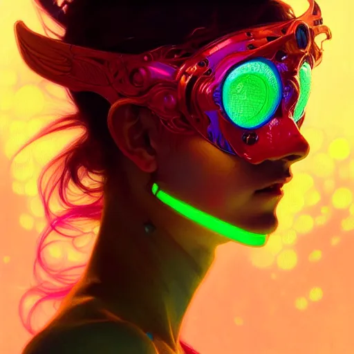 Prompt: A girl wearing a glowing colorful rave mask, face, detailed, intricate, elegant, highly detailed, digital painting, artstation, concept art, smooth, sharp focus, illustration, art by Krenz Cushart and Artem Demura and alphonse mucha