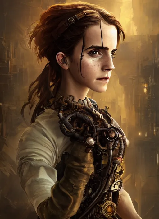 Prompt: steampunk biopunk portrait of emma watson, au naturel, hyper detailed, digital art, trending in artstation, cinematic lighting, studio quality, smooth render, unreal engine 5 rendered, octane rendered, art style by klimt and nixeu and ian sprigger and wlop and krenz cushart.