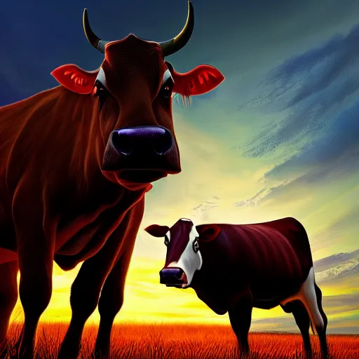 Prompt: fantasy cow looking at sunset, high detail, fantasy art, concept art, 4 k, ultra detail, computer art