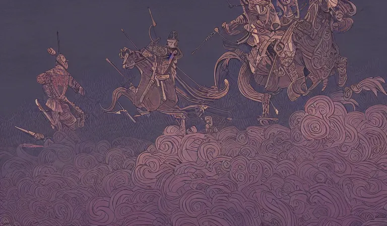 Prompt: 1975 a group of samurai fire fantasycore landscape, Precise and Intricate Linework, Art Nouveau Cosmic 4k Detailed Matte Illustration trending on IllustrationX ,CGSociety, Slate grey and Mauve color scheme, Pastiche by Stanisław Wyspiański, Pastiche by Pascal Blanché