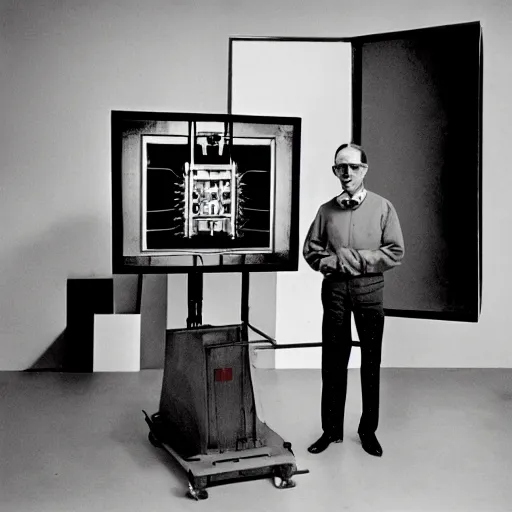 Image similar to Kodachrome portrait of Marcel Duchamp with an technologival machine, archival pigment print in the style of Hito Steyerl, studio shooting, contemporary art