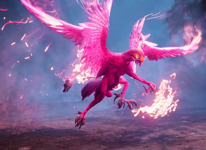 Image similar to pink and blue flaming phoenix, unreal engine 5, intricate, detailed, realistic