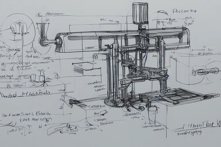 Image similar to concept sketch of a new machine which creates people out of liquid, new invention, technical drawing