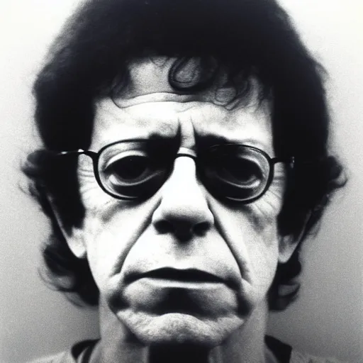 Image similar to Mugshot Portrait of Lou Reed, taken in the 1970s, photo taken on a 1970s polaroid camera, grainy, real life, hyperrealistic, ultra realistic, realistic, highly detailed, epic, HD quality, 8k resolution, body and headshot, film still, front facing, front view, headshot and bodyshot, detailed face, very detailed face