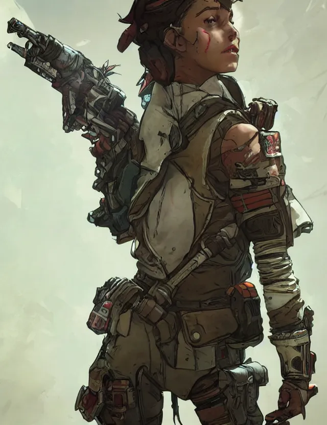 Image similar to a young female soldier as borderlands 3 concept art, art by ryo shiotani and greg rutkowski, intricate, beautiful, cute, cinematic lighting, vintage art by serge ivanoff, high resolution, very detailed