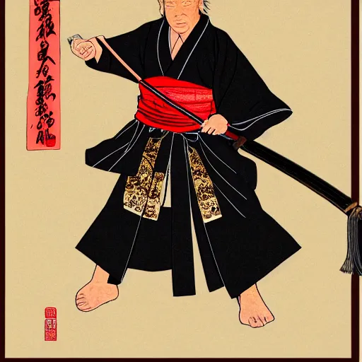 Image similar to donald trump dressed as a samurai holding a katana in a japanese edo period ink block painting, 4 k, hyper realistic, dslr, high resolution, landscape, beautiful