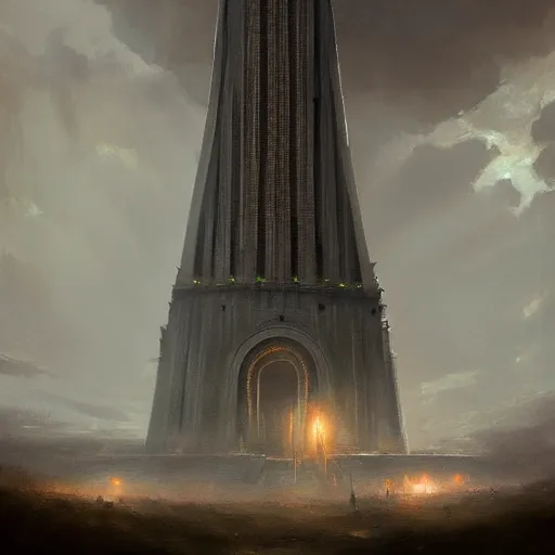 Prompt: the tower of orthanc from lord of the rings, dramatic lighting, chiaroscuro, high detail, painted by greg rutkowski, painted by igor kieryluk, painted by bobby chiu, trending on artstation