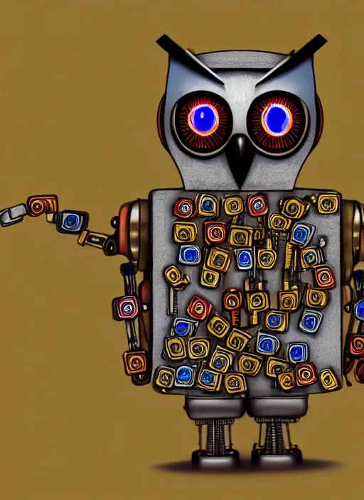 Image similar to colored pencil and pen drawing of an animatronic robot owl, bird made from rusty old keys and padlocks, 4 k photorender realityengine