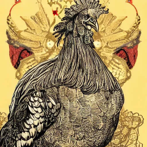 Prompt: dark royal military portrait of a majestic Fat!!!! Black Rooster, the King of rooster, red gold black divine tarot card background, ultra-detailed pen and ink illustration, impossible fine lines and details, vibrant red and gold colour, matte painting, concept art, 8k, octane render, trending on artstation, art by greg rutkowski and alphonse mucha and by john kenn mortensen