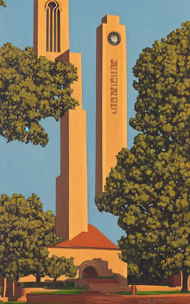 Image similar to a painting of Coughlin Campanile in Brookings South Dakota, golden hour, an art deco painting by Grant Wood, featured on behance, american scene painting, movie poster, poster art, concert poster