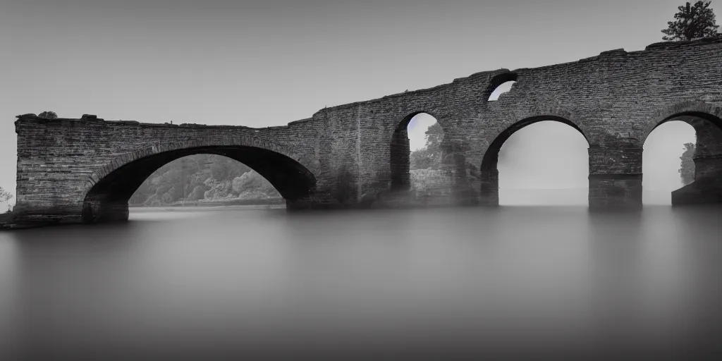 Image similar to still long exposure masterpiece photography of an antic arch bridge, emerging from the lake water, lomography, monochromatic, light blue shift, mist