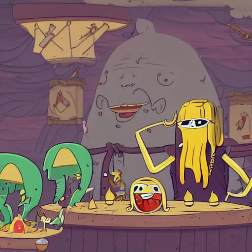 Image similar to The Pirate king dines on dragon hearts, his court of penguins cheer him on. in the style of Adventure Time by Pendleton Ward. The feeling is Raucous and Joyful.